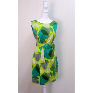 Julian Taylor Abstract MOD Print Dress Belted Teal Green Yellow Women's 6 /#8055